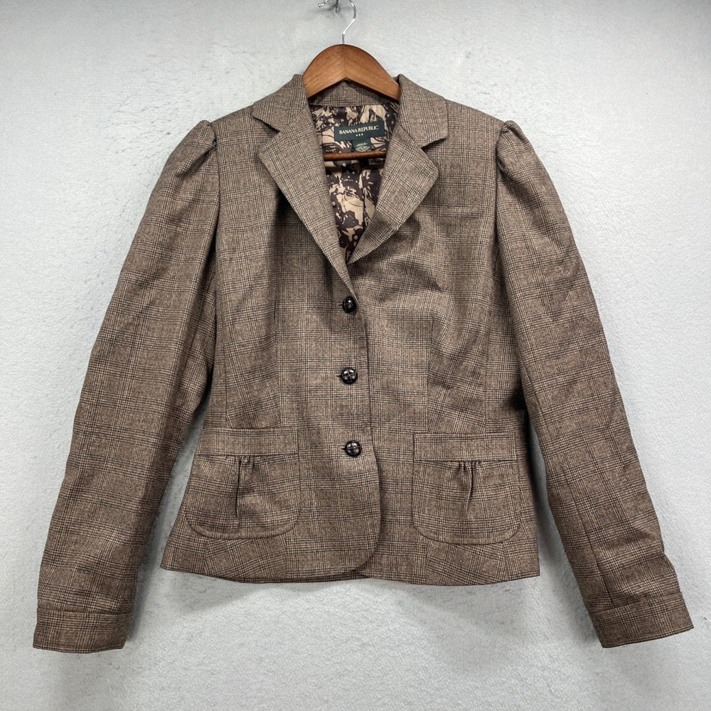 Banana Republic Blazer Womens 6 Brown Glen Plaid Wool Blend Puff Sleeve Academic